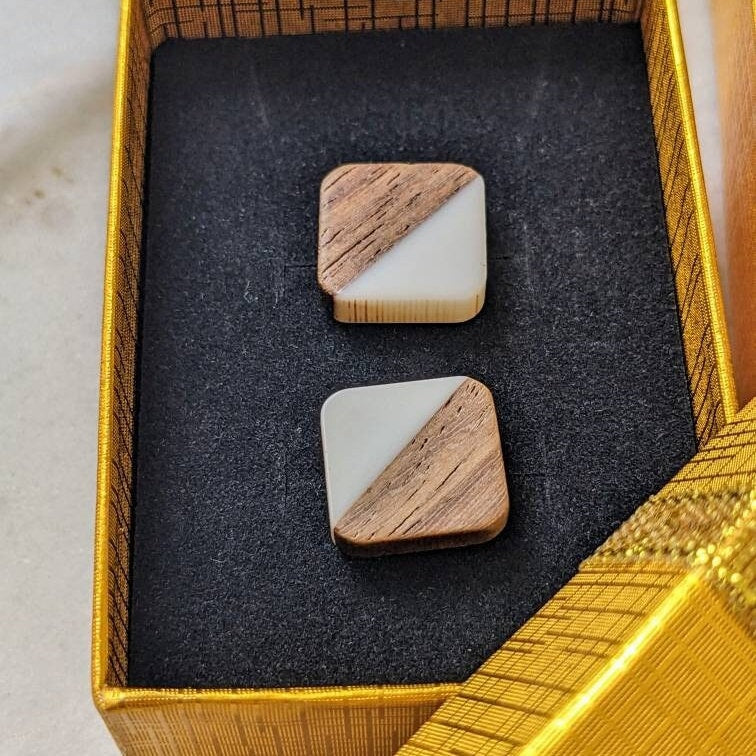 Square earrings made of colorful resin and wood