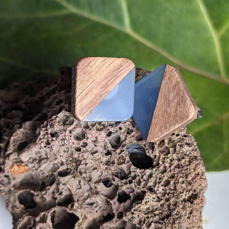 Square earrings made of colorful resin and wood