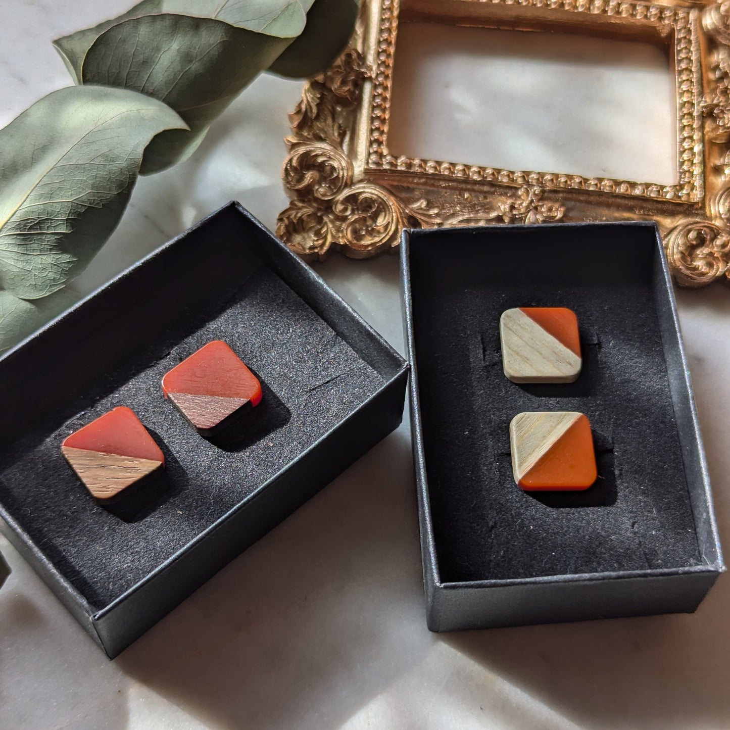 Square earrings made of colorful resin and wood