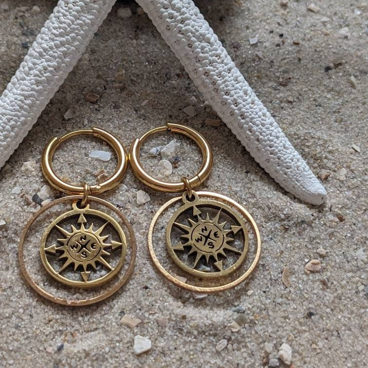 Boucles d'oreilles créoles boussole « Wanderlust »