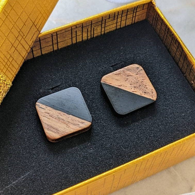 Square earrings made of colorful resin and wood