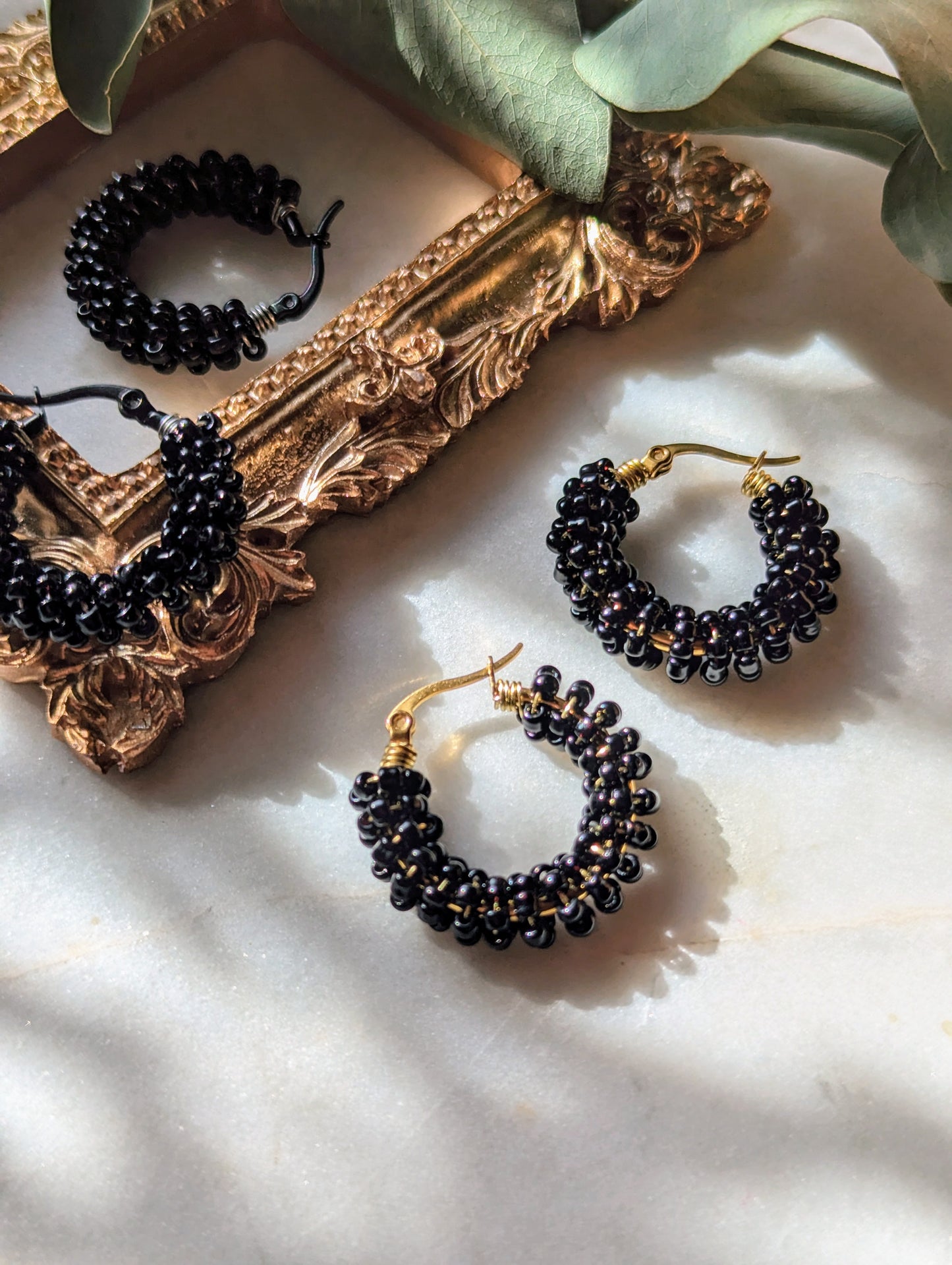 Boucles d'Oreilles Créoles Rocailles "Noir"