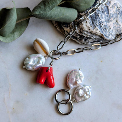Maritime necklace with genuine coral, cowrie shell and baroque pearl