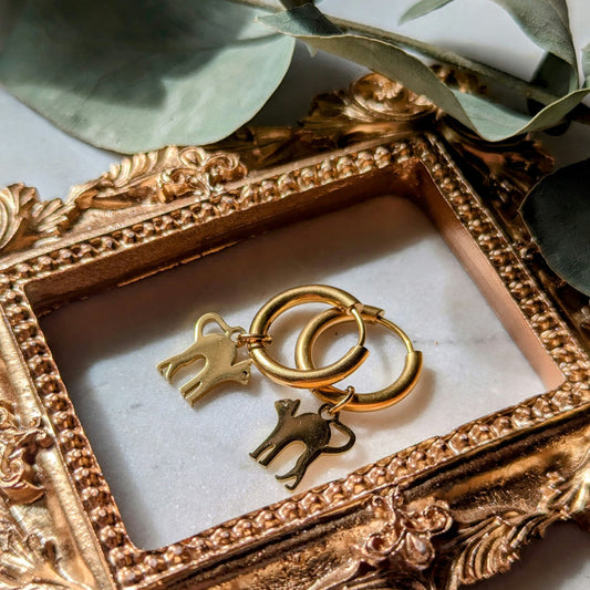 Stainless steel hoop earrings with cat pendant