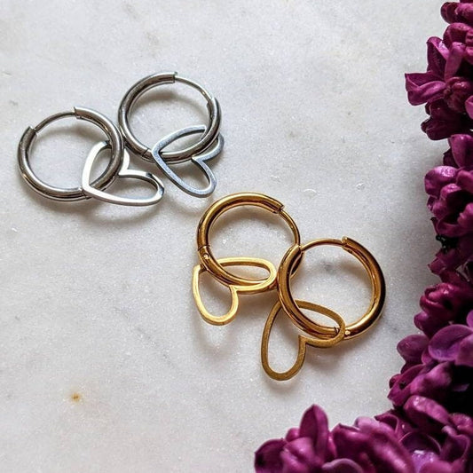 Stainless steel hoop earrings with heart pendant