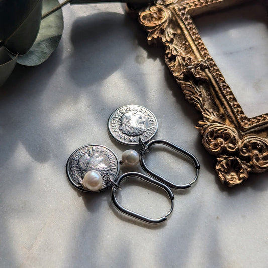 Oval hoop earrings with antique coin and freshwater pearl