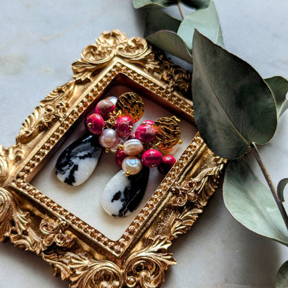 Buffalo turquoise earrings with cluster of freshwater and sediment pearls