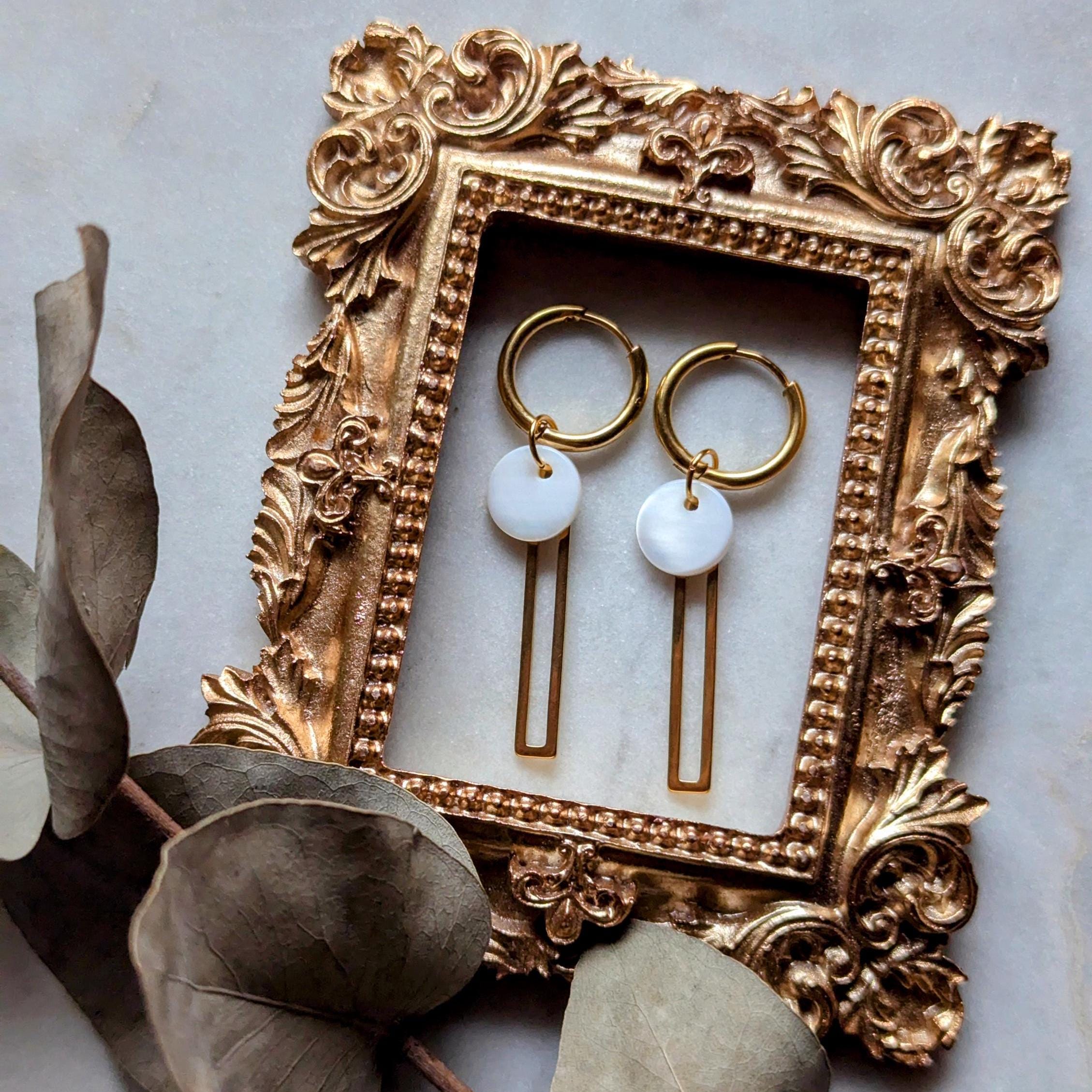 Creolen "Geometrie" - Edelstahl Creolen mit Anhängern aus Edelstahl und Perlmutt