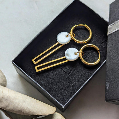 Hoop earrings "Geometry" - stainless steel hoop earrings with stainless steel and mother-of-pearl pendants