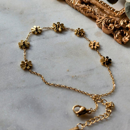 Bracelet de cheville en acier inoxydable doré avec fleurs