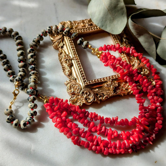 Necklace made of Dalmatian Jasper and Bamboo Coral