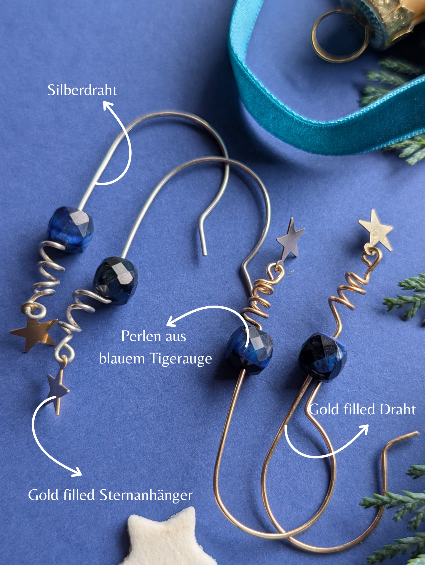 Ohrhänger Polaris - Silber & Gold mit Sternen und Tigerauge