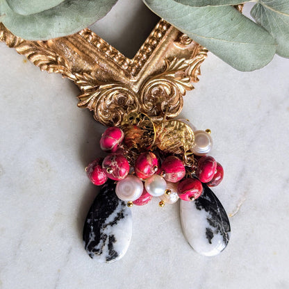 Buffalo turquoise earrings with cluster of freshwater and sediment pearls