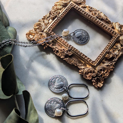 Necklace with antique coin and freshwater pearl