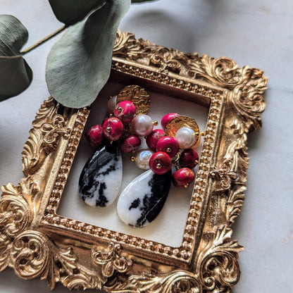 Buffalo turquoise earrings with cluster of freshwater and sediment pearls
