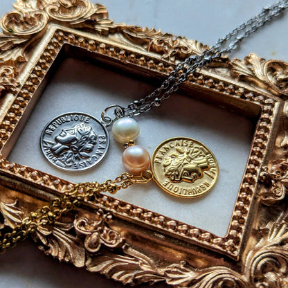 Necklace with antique coin and freshwater pearl