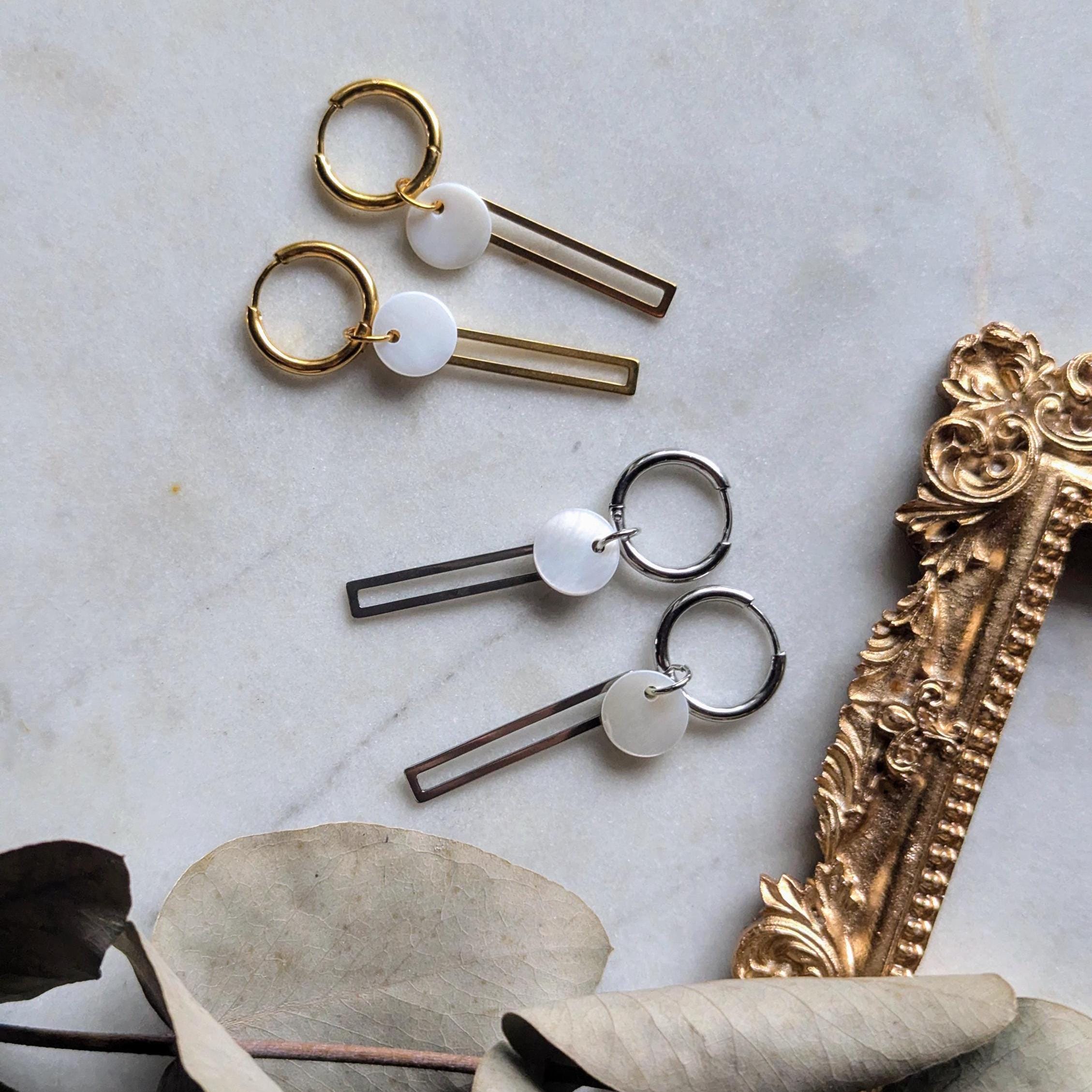 Creolen "Geometrie" - Edelstahl Creolen mit Anhängern aus Edelstahl und Perlmutt