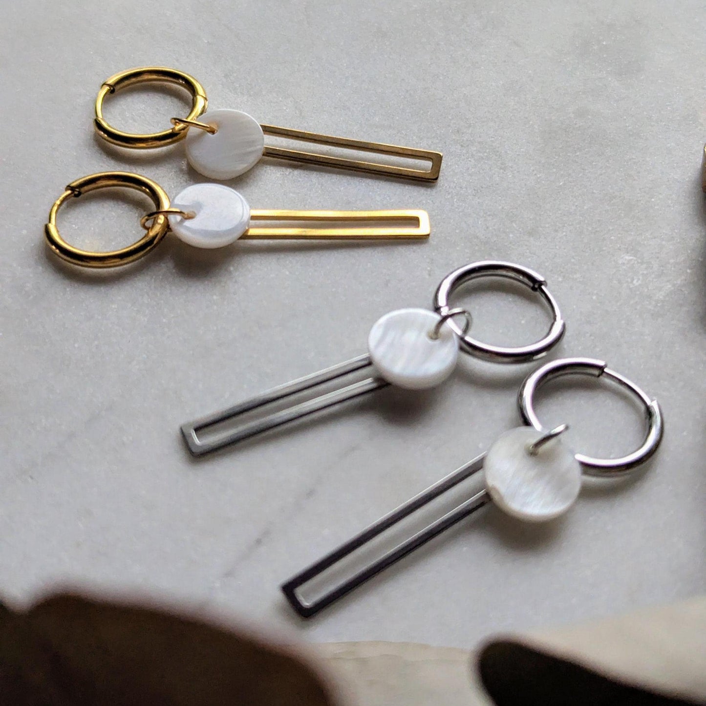 Hoop earrings "Geometry" - stainless steel hoop earrings with stainless steel and mother-of-pearl pendants