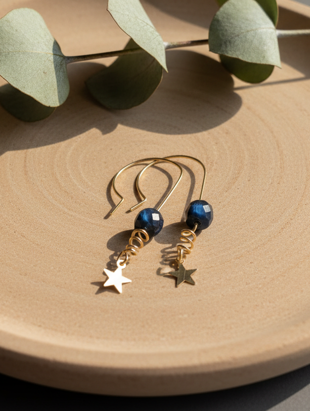 Ohrhänger Polaris - Silber & Gold mit Sternen und Tigerauge