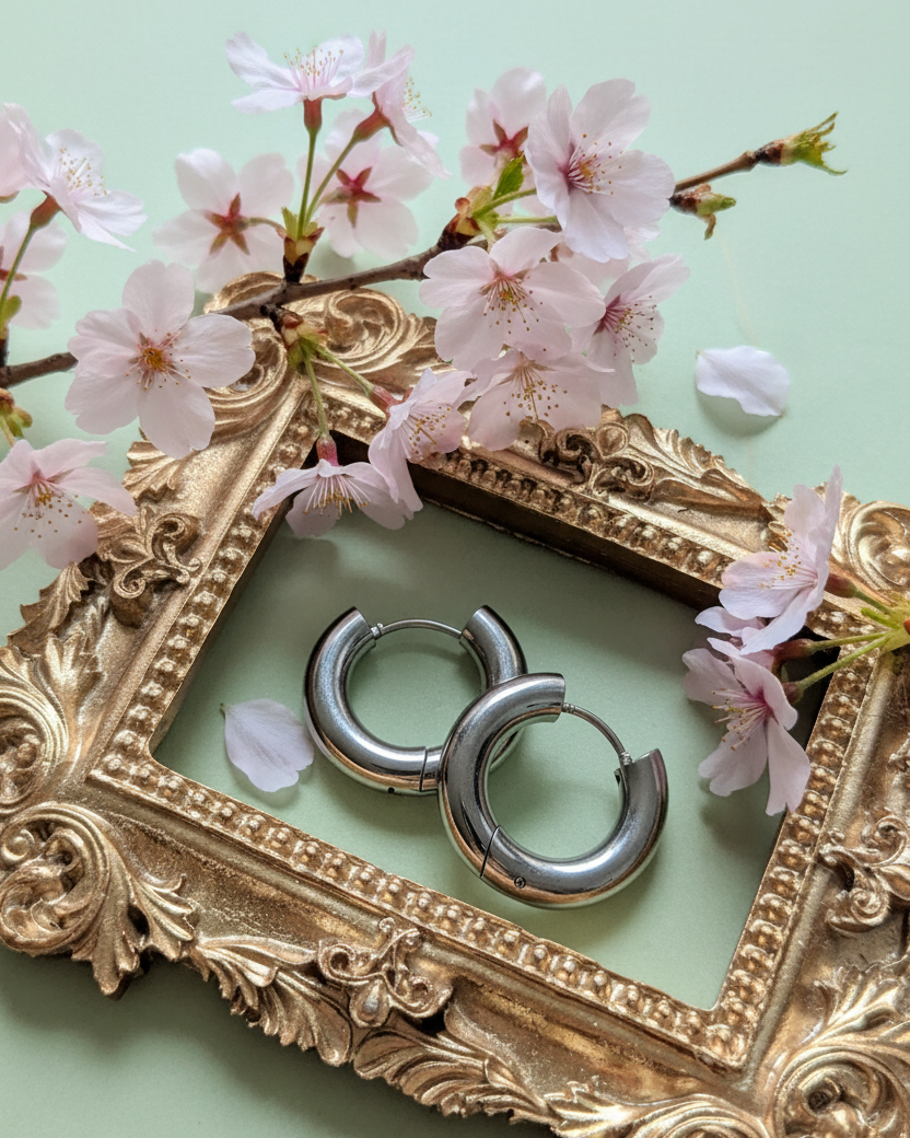 Silberfarbene, dicke Edelstahl-Creolen liegen in einem verzierten Goldrahmen, umgeben von zartrosa Kirschblüten auf hellgrünem Grund.