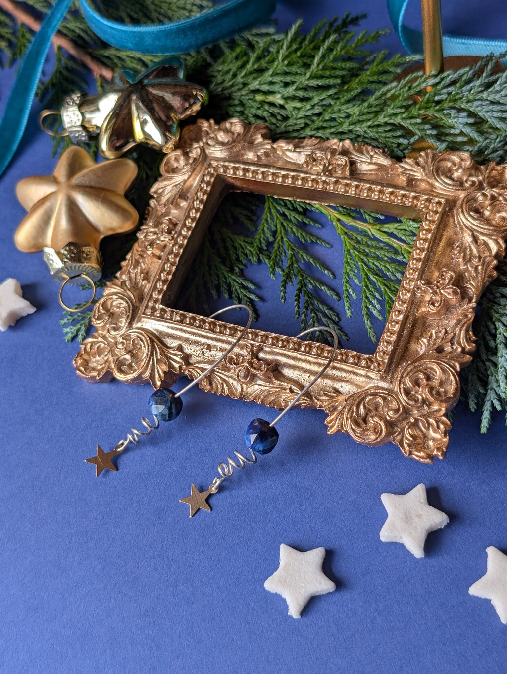 Ohrhänger Polaris - Silber & Gold mit Sternen und Tigerauge