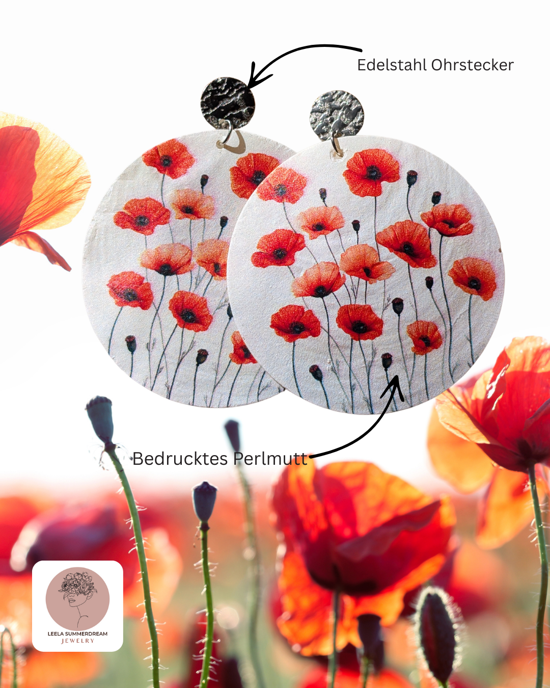 Poppy Bloom – Ohrstecker mit Mohnblumen auf Perlmutt
